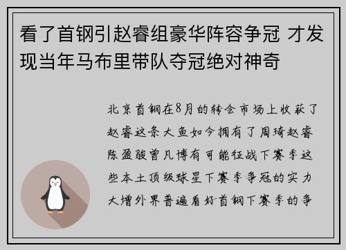看了首钢引赵睿组豪华阵容争冠 才发现当年马布里带队夺冠绝对神奇